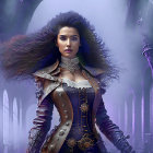 Steampunk-themed woman in elaborate outfit in misty Gothic setting