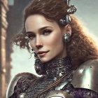 Digital artwork featuring female with curly hair in intricate mechanical armor