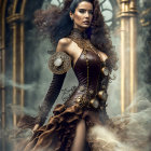 Steampunk-inspired woman with voluminous hair in misty gothic setting.