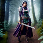 Medieval armor-clad woman with sword in misty forest