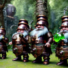 Steampunk-style animated gnomes with mechanical suits in a wooded setting