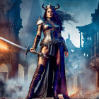 Female warrior in ornate armor amidst smoky ruins with sword and fierce expression