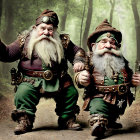 Elaborately dressed dwarves with lantern in misty forest