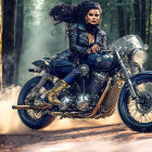 Woman in black outfit on custom motorcycle in smoky forest setting