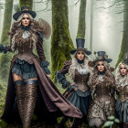 Four Women in Steampunk Attire Posed in Misty Forest