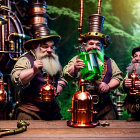 Whimsical steampunk gnomes with potion bottles in forest machinery