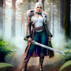 Medieval fantasy woman in fur cloak wields sword in misty forest