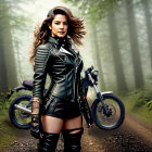 Confident woman in black leather outfit in misty forest with motorcycle