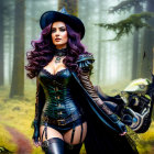 Purple-haired woman in gothic attire by motorcycle in misty forest