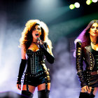 Dramatic stage performance with two singers in black leather outfits