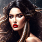 Digital artwork: Woman with flowing hair and snake, red lips contrasted against dark background