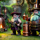 Fantasy gnomes with steampunk gadgets in enchanted forest