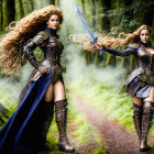 Two women in medieval armor with flowing hair brandishing swords in a forest.