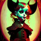 Colorful Stylized Portrait of Doll-Like Character with Curving Horns