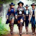 Four women in stylish cowboy attire walking in forest.