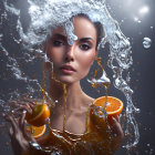 Woman's face in splashing water with sliced oranges and spiraling peel