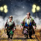 Fantasy dwarves in elaborate costumes walking on cobblestone road at night