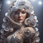 Surreal portrait of woman with lace-like patterns in misty setting