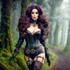 Elaborate gothic fantasy woman with horns in misty woods