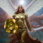 Golden armored figure with angel wings in misty forest