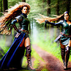 Two women in medieval warrior costumes with long flowing hair in misty forest