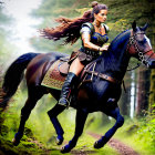 Armored warrior woman riding horse in forest