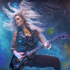 Blonde female guitarist playing electric guitar under stage lights