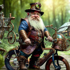 Elderly man in steampunk attire next to bicycle in whimsical forest