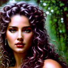 Detailed Digital Portrait of Woman with Curly Hair, Green Eyes, Gold Facial Markings