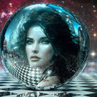 Surreal image: Woman's face in reflective bubble, cosmic backdrop.
