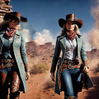 Two women in cowboy attire walking confidently in desert landscape