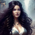 Illustrated woman with dark hair and intricate jewelry against dreamy background