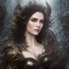 Elaborate horned headpiece and ornate armor on a fantasy woman portrait