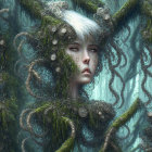 Fantastical portrait of woman with white hair, green tentacles, gold accents, teal background