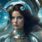 Steampunk robotic woman with mechanical parts and blue-tinted skin