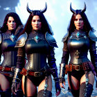 Fantasy armor-clad women in horned helmets amid misty war-torn setting