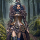 Steampunk-inspired woman in detailed outfit in misty forest