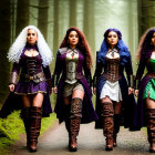 Four women in medieval fantasy costumes in foggy forest