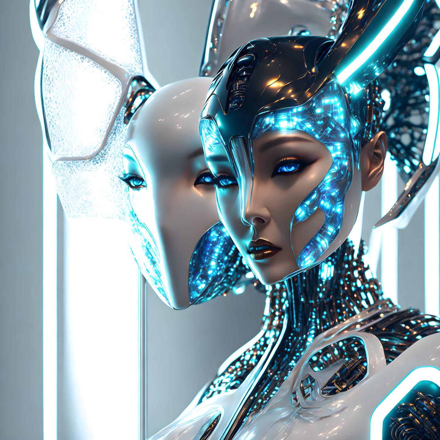 Futuristic female android with cybernetic details and blue lights on mirrored surface