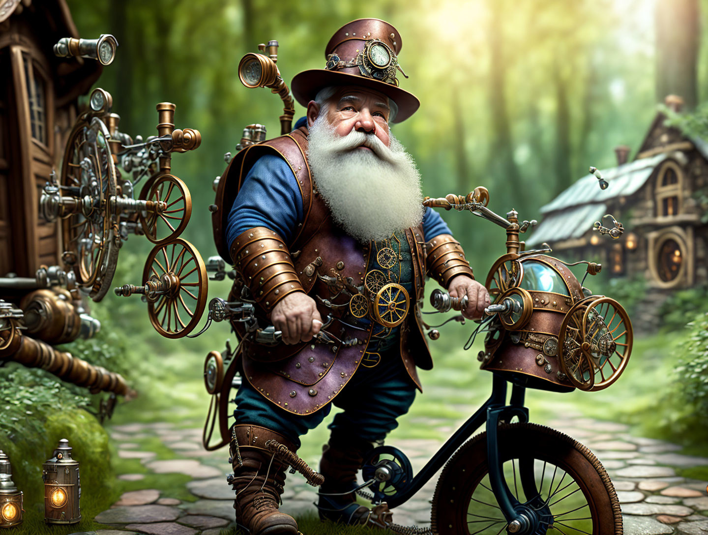 Whimsical bearded character in steampunk attire on mechanical bicycle in fantastical forest with gear