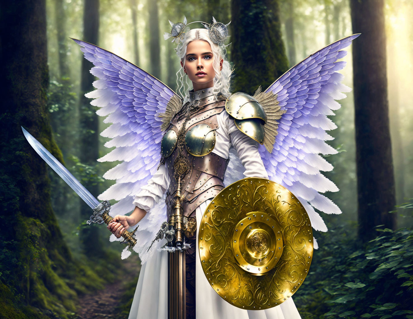 Fantasy warrior with white wings, ornate armor, and sword in misty forest