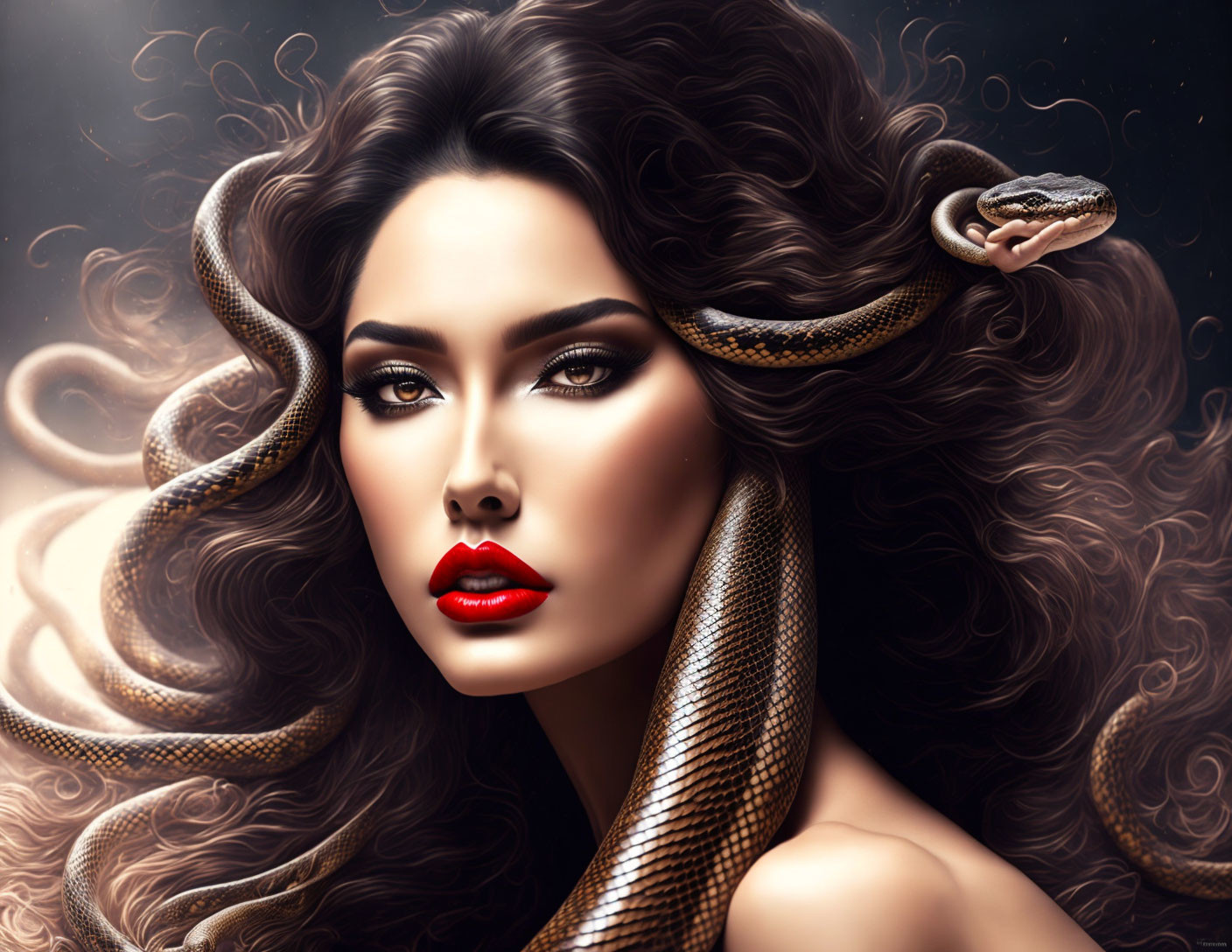 Digital artwork: Woman with flowing hair and snake, red lips contrasted against dark background