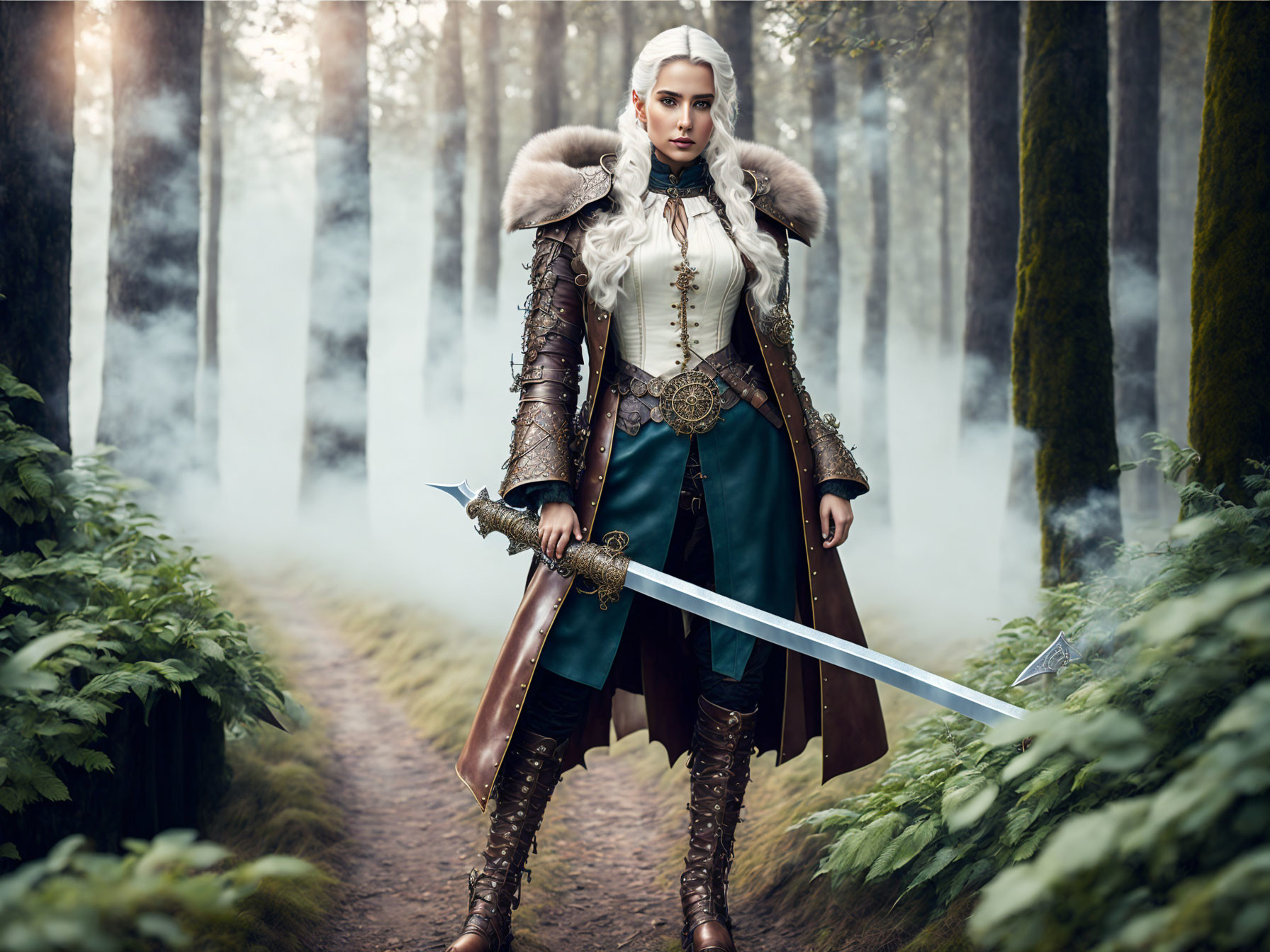 Medieval fantasy woman in fur cloak wields sword in misty forest