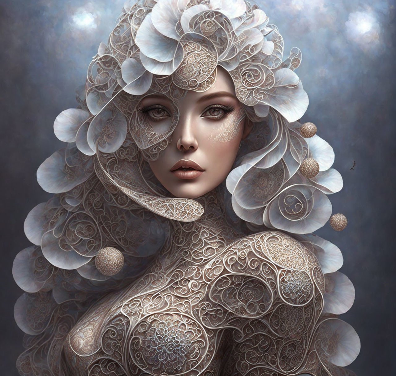 Surreal portrait of woman with lace-like patterns in misty setting