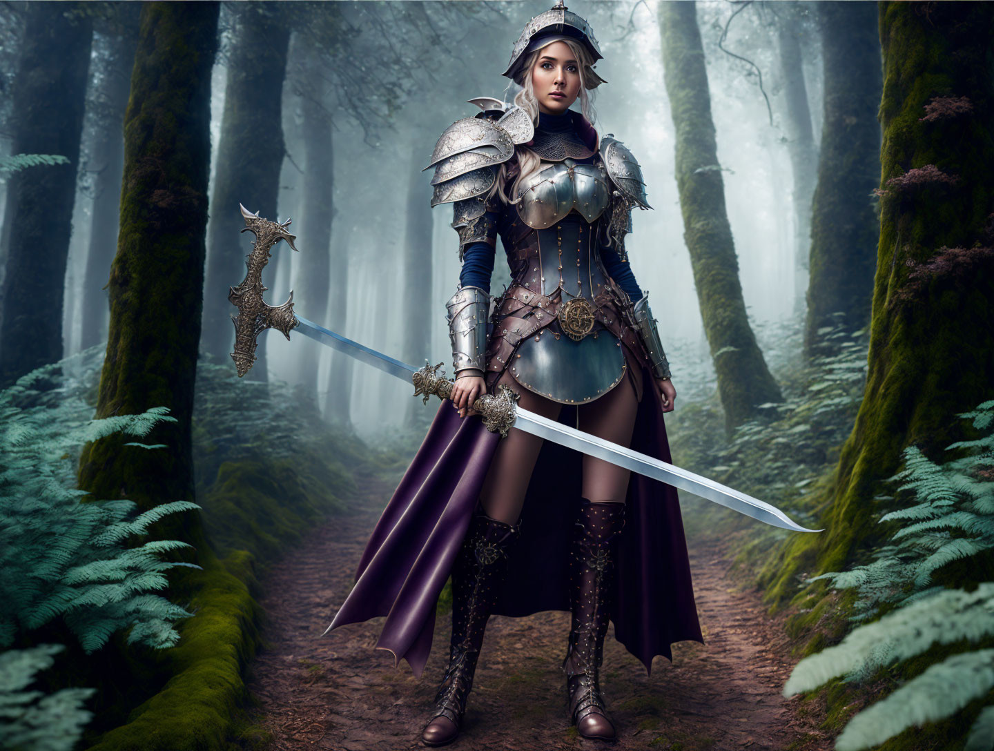 Medieval armor-clad woman with sword in misty forest