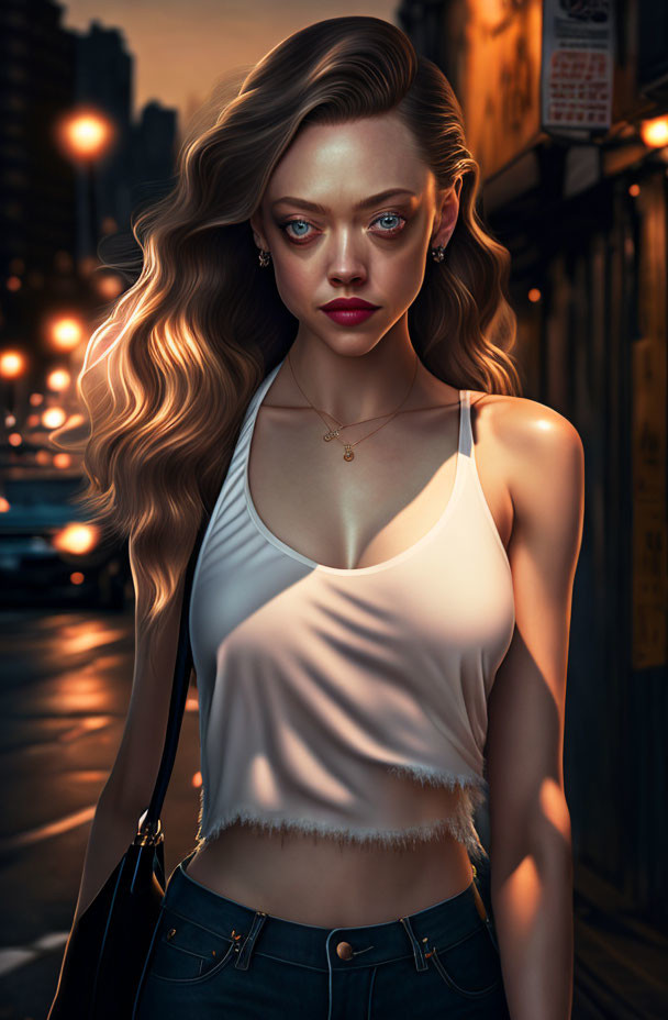 Illustration of woman with long wavy hair in city alleyway at dusk