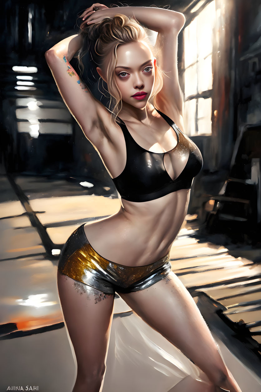 Digital Artwork: Woman in Black and Gold Sportswear Posing in Sunlit Industrial Setting
