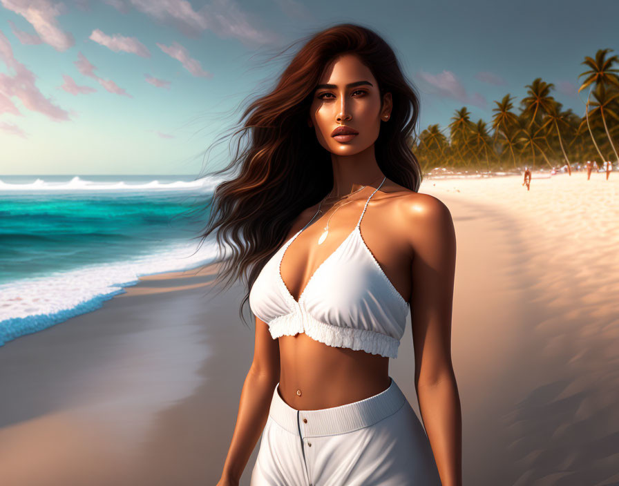 Woman in white bikini on beach at sunset