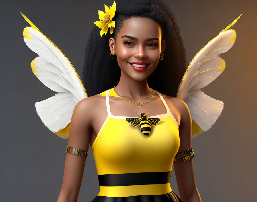 Smiling woman in bee-themed attire with yellow dress and wings