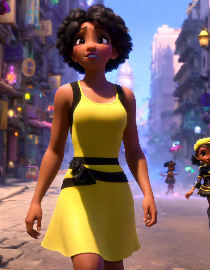 Young female character in yellow dress on urban street with surprised expression